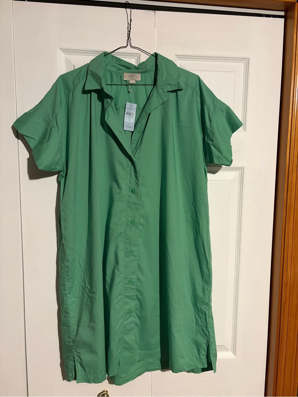 LOFT Green Short-Sleeve Button-Front Tunic Dress